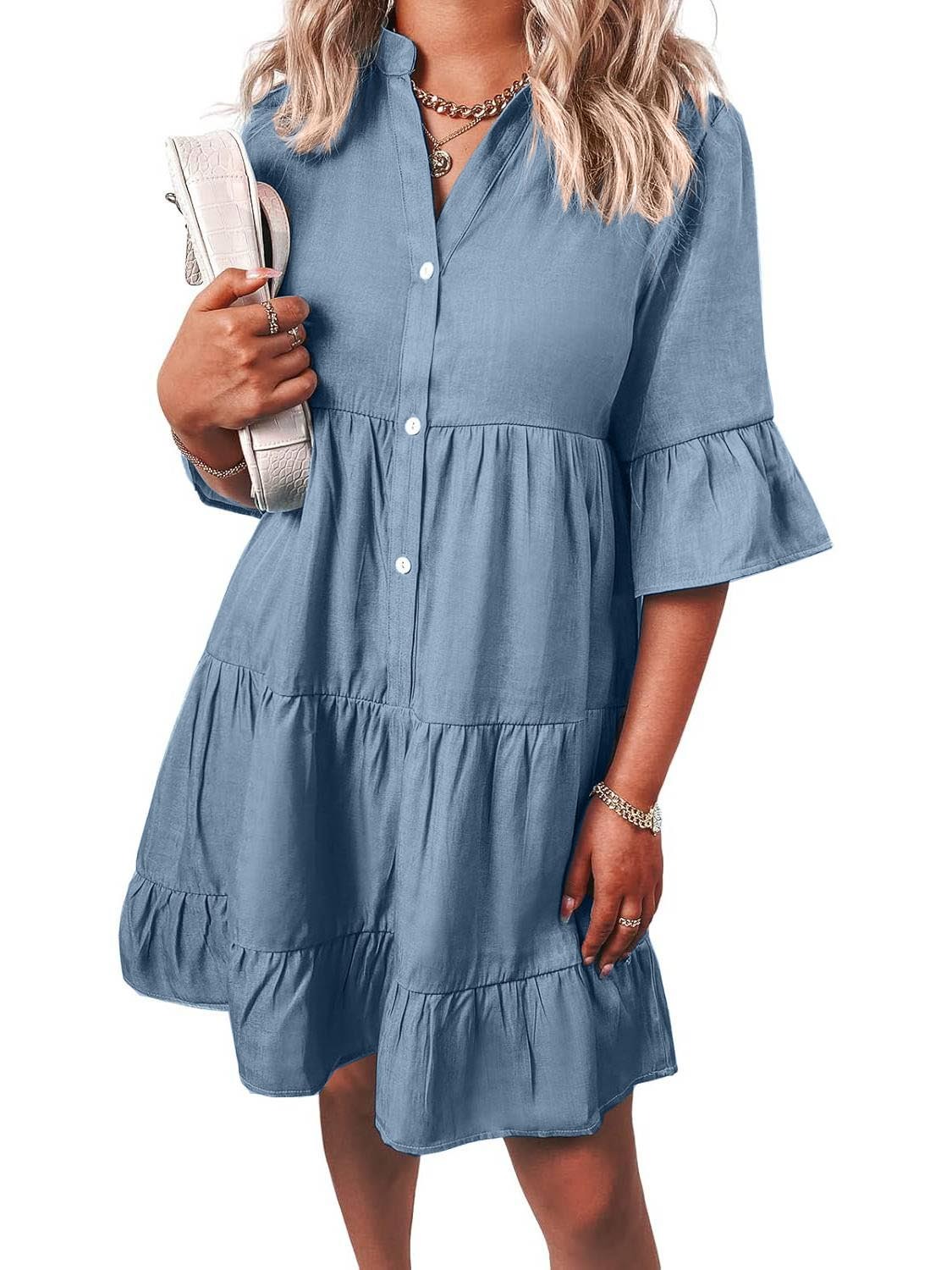 Women Casual V Neck Ruffle Short Sleeve Denim Dress
