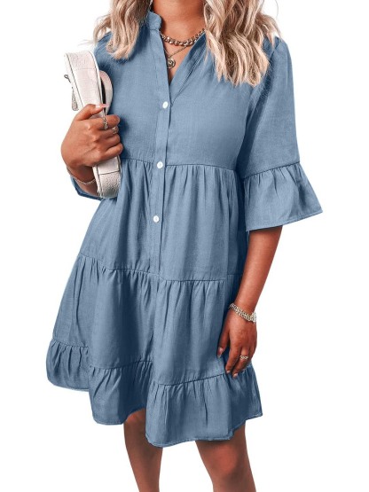Women Casual V Neck Ruffle Short Sleeve Denim Dress