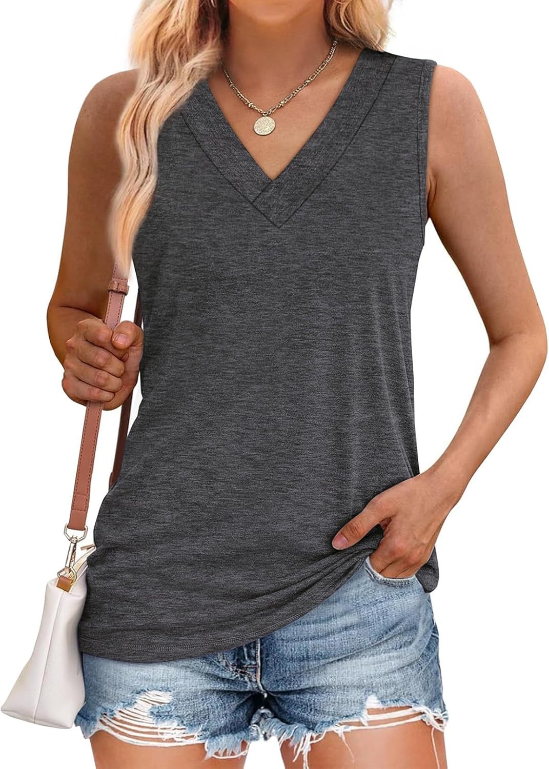 Women Summer Loose Fit V Neck T Shirts Trendy Sleeveless Basic Tank Tops