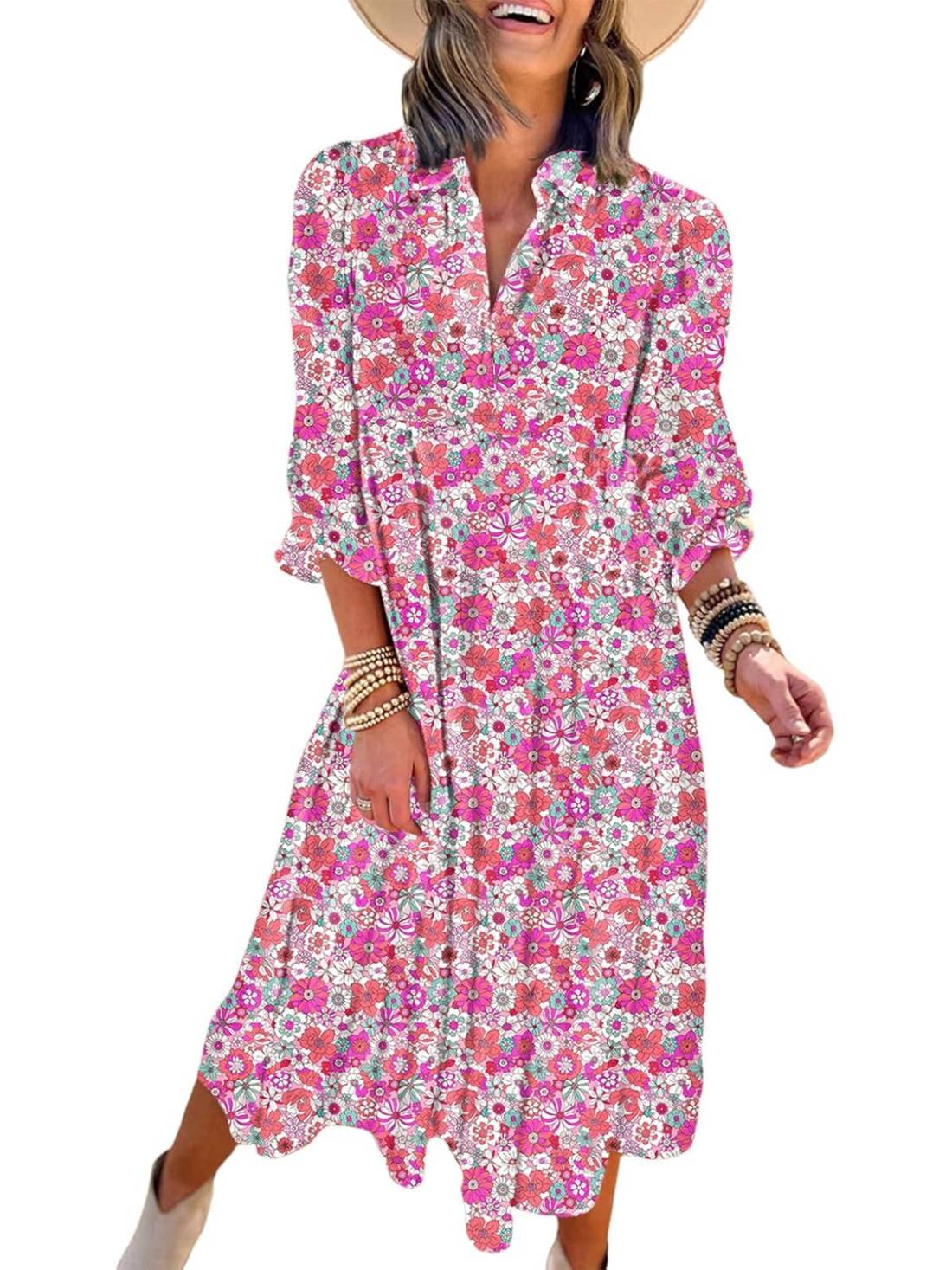 Women's V Neck Ruffle A Line Flowy Summer Bohemian Floral Beach Dresses 