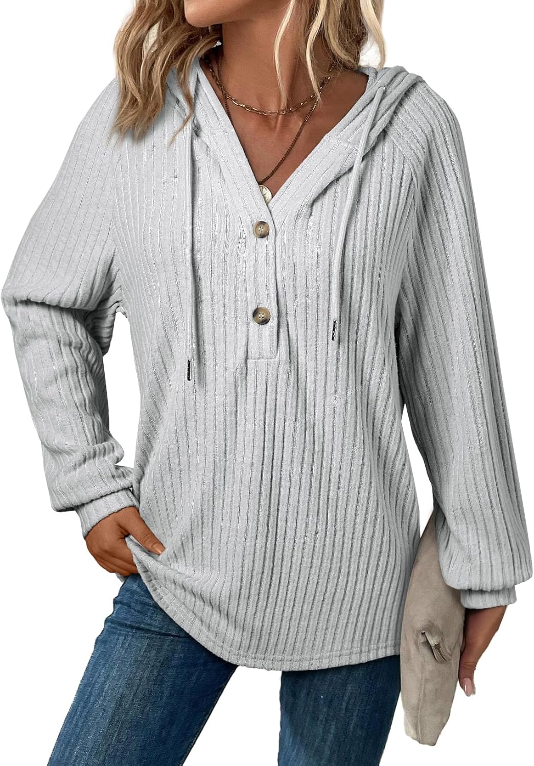 V Neck Hooded Lightweight Knit Sweater Tops (Buy 2 Free Shipping)