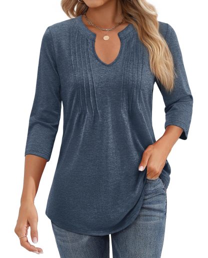 Womens Casual 3/4 Sleeve Pleated Tunic Blouse