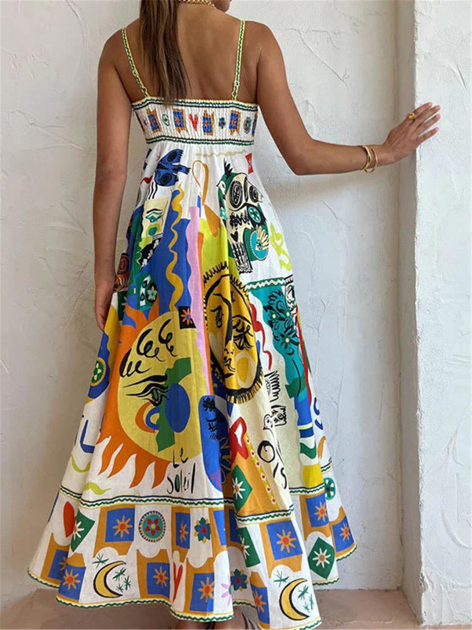 Women Boho Beach Spaghetti Strap Flowy Dress