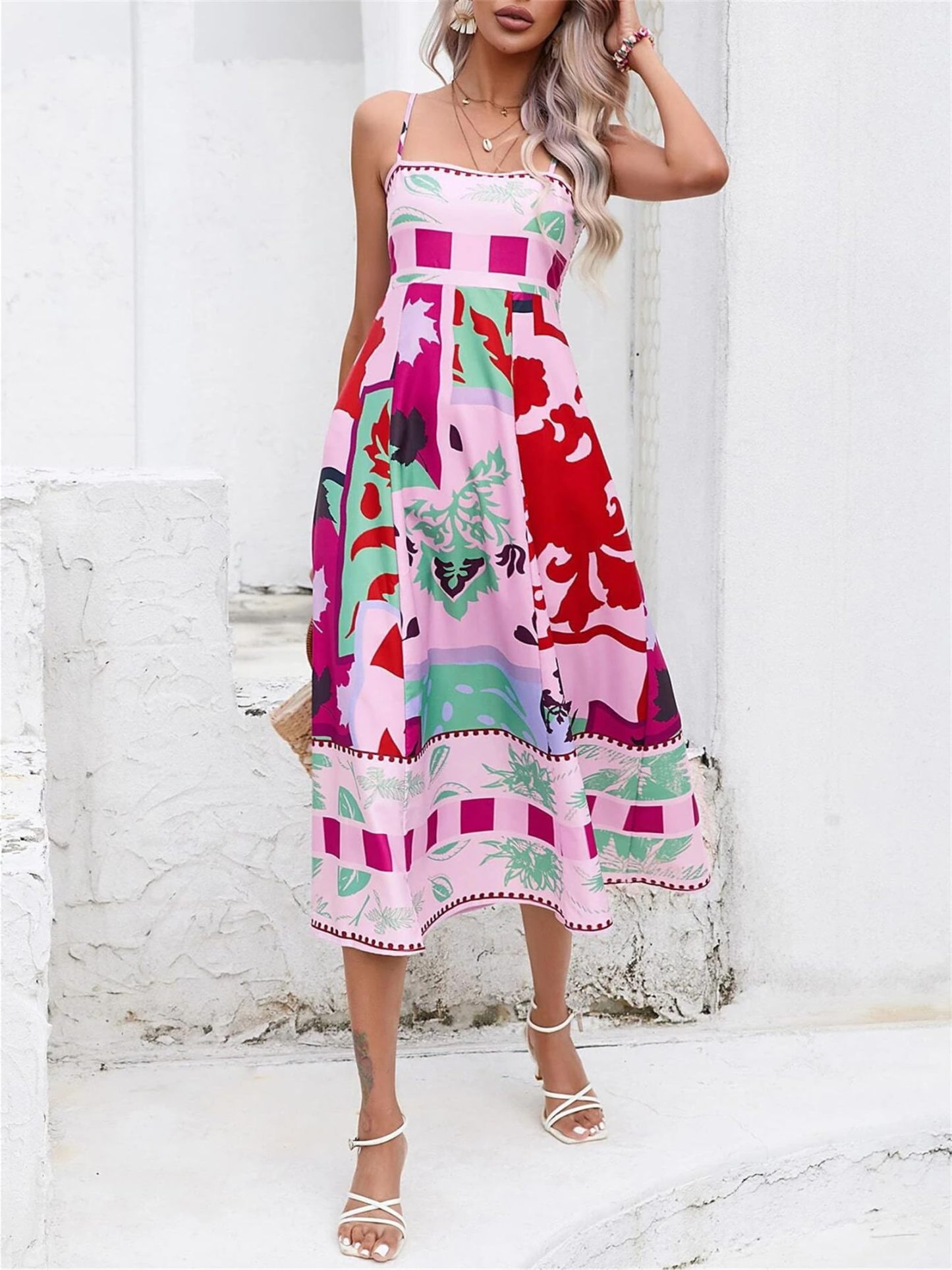 Women Boho Beach Spaghetti Strap Flowy Dress