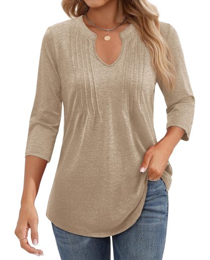 Womens Casual 3/4 Sleeve Pleated Tunic Blouse
