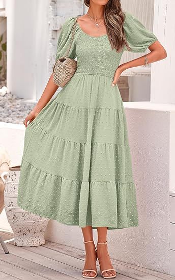 2024 🔥 Women's Puff Sleeve V Neck Maxi Dresses