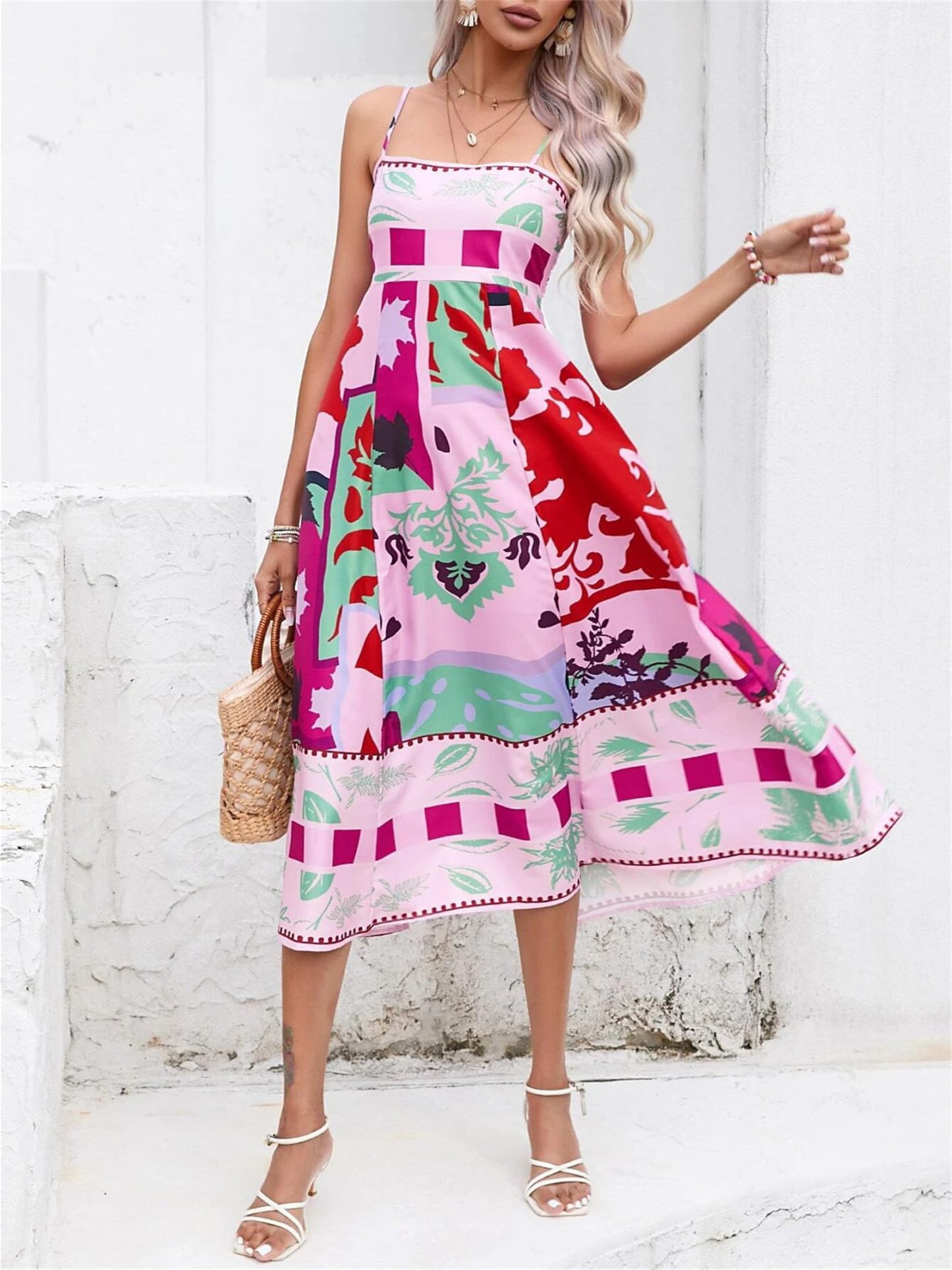 Women Boho Beach Spaghetti Strap Flowy Dress