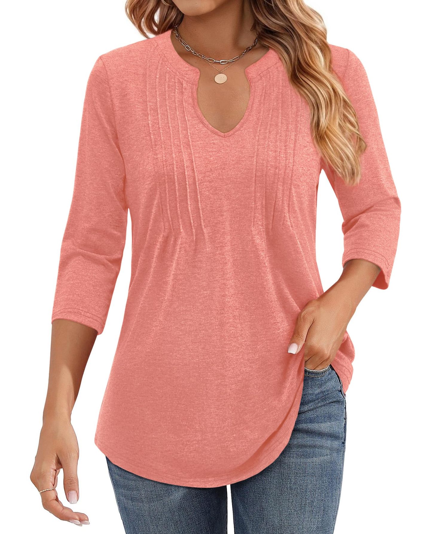 Womens Casual 3/4 Sleeve Pleated Tunic Blouse