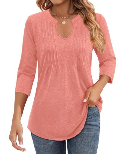Womens Casual 3/4 Sleeve Pleated Tunic Blouse