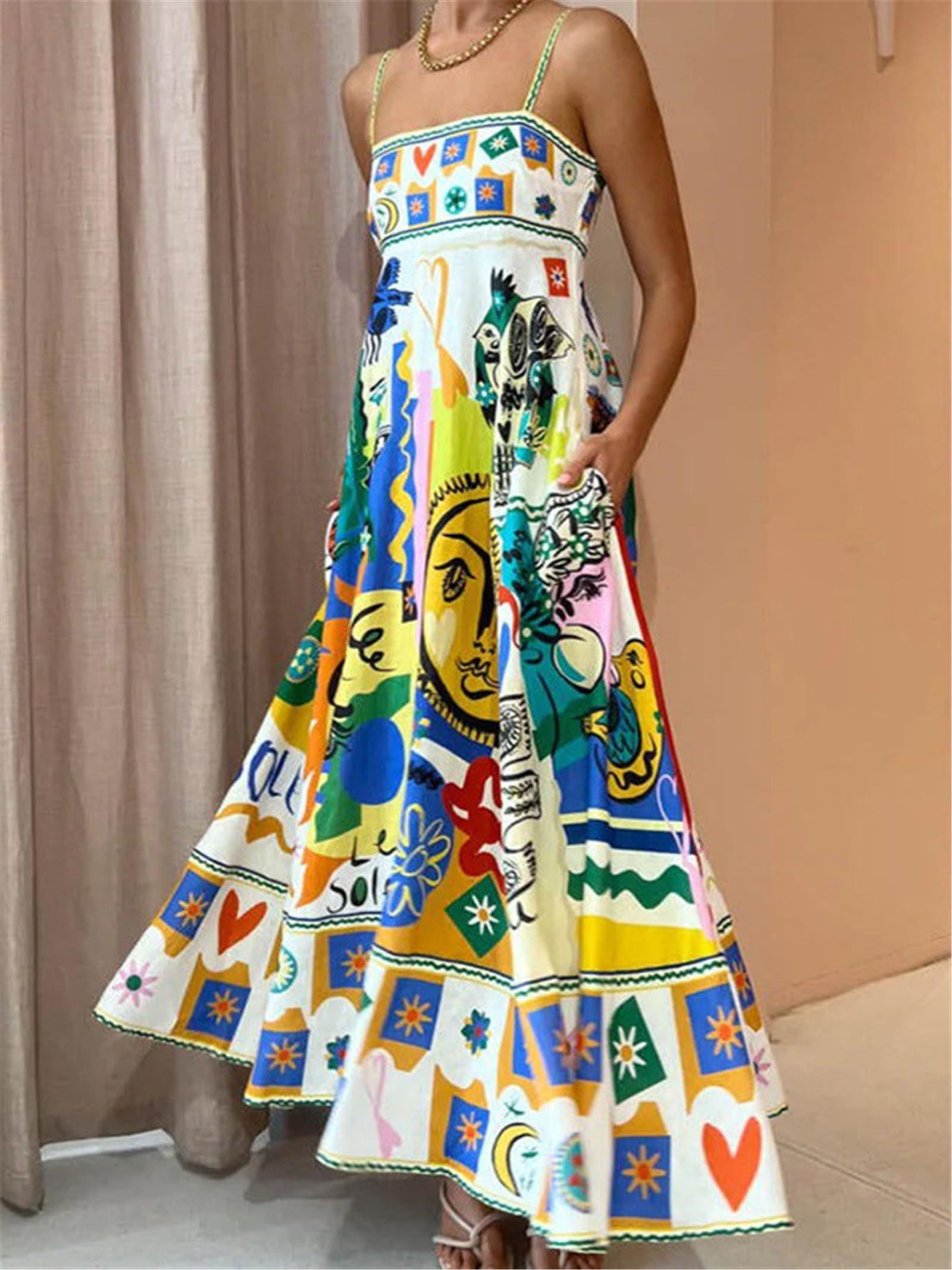 Women Boho Beach Spaghetti Strap Flowy Dress