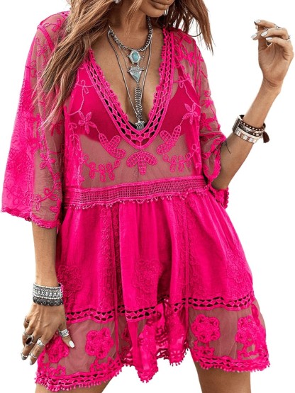 Women's Lace Bathing Suit Cover Up V-Neck Swimsuit Coverups