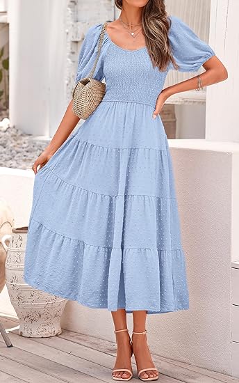 2024 🔥 Women's Puff Sleeve V Neck Maxi Dresses