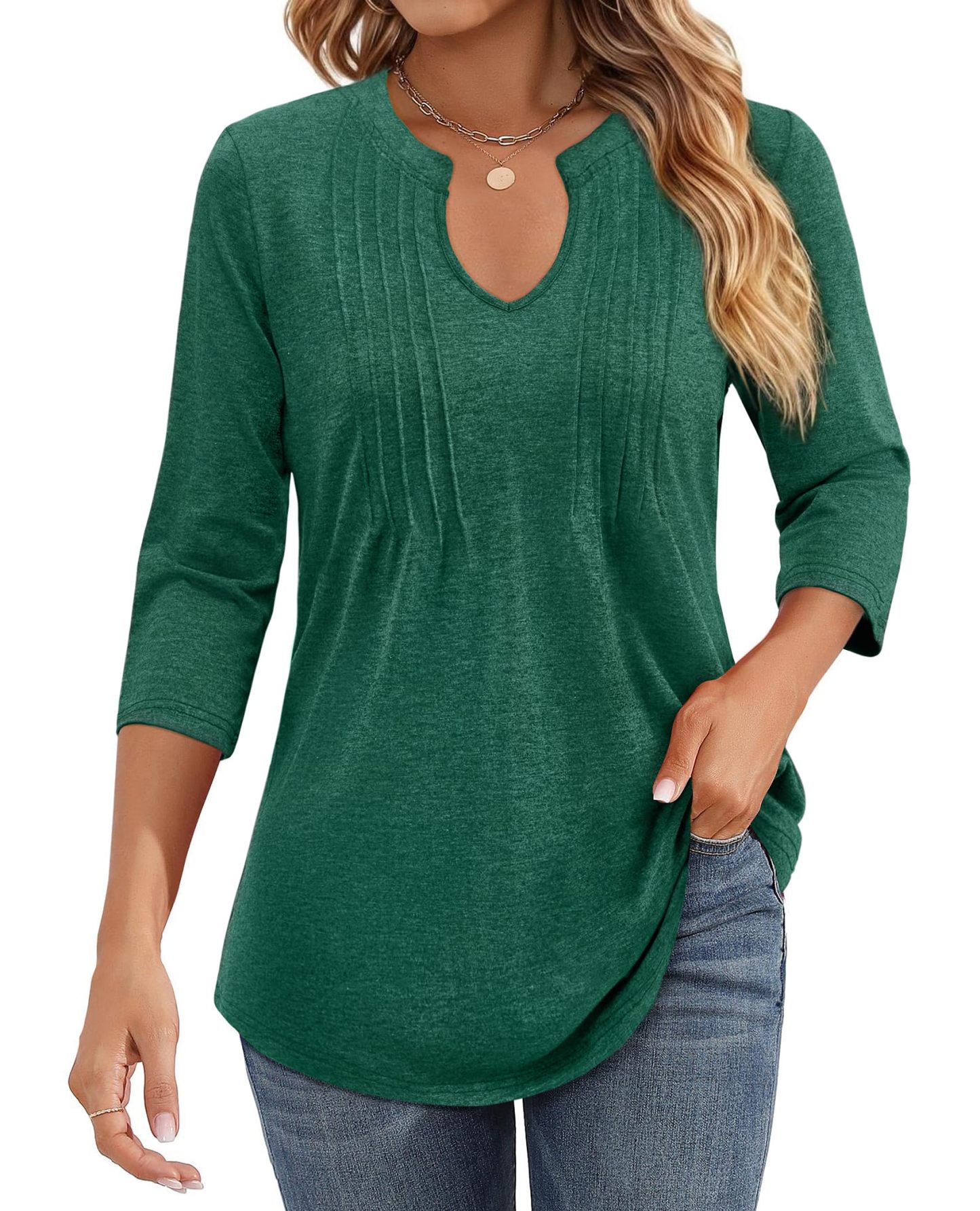 Womens Casual 3/4 Sleeve Pleated Tunic Blouse