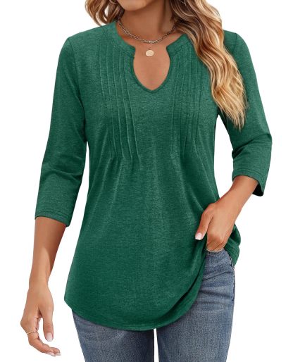 Womens Casual 3/4 Sleeve Pleated Tunic Blouse