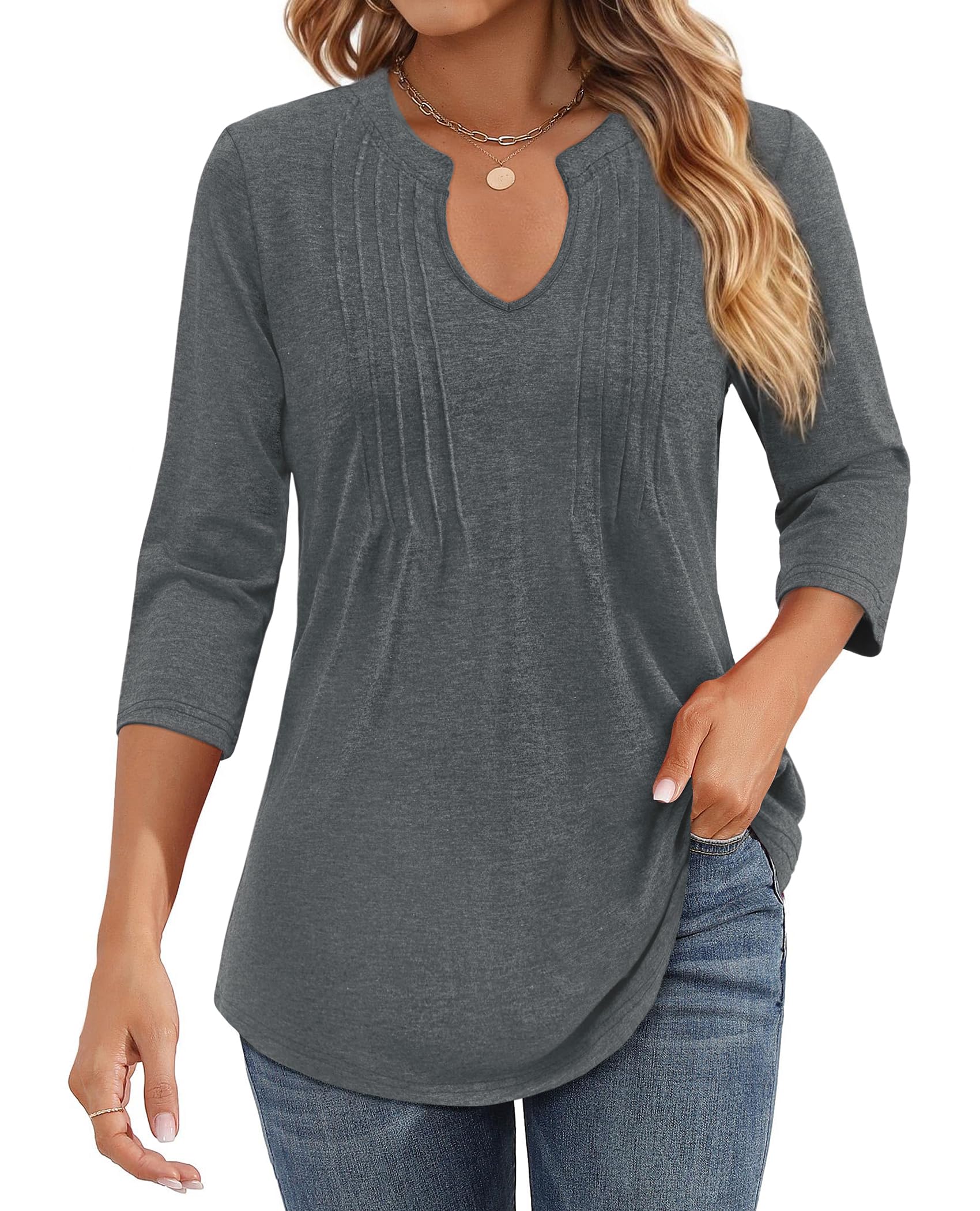 Womens Casual 3/4 Sleeve Pleated Tunic Blouse