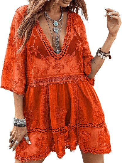 Women's Lace Bathing Suit Cover Up V-Neck Swimsuit Coverups