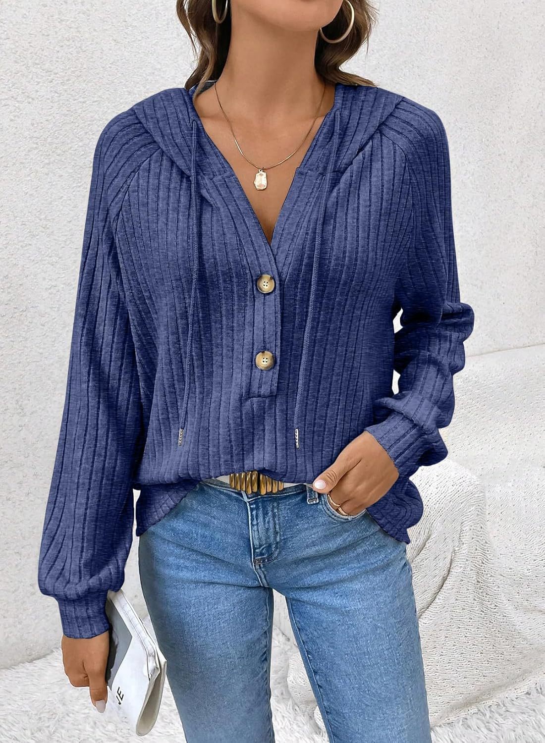Women's V Neck Hooded Lightweight Knit Sweater Tops (Buy 2 Free Shipping)