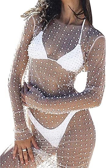 Summer Pearl Rhinestone Maxi Dress Beach Swimsuit Bikini Cover Ups