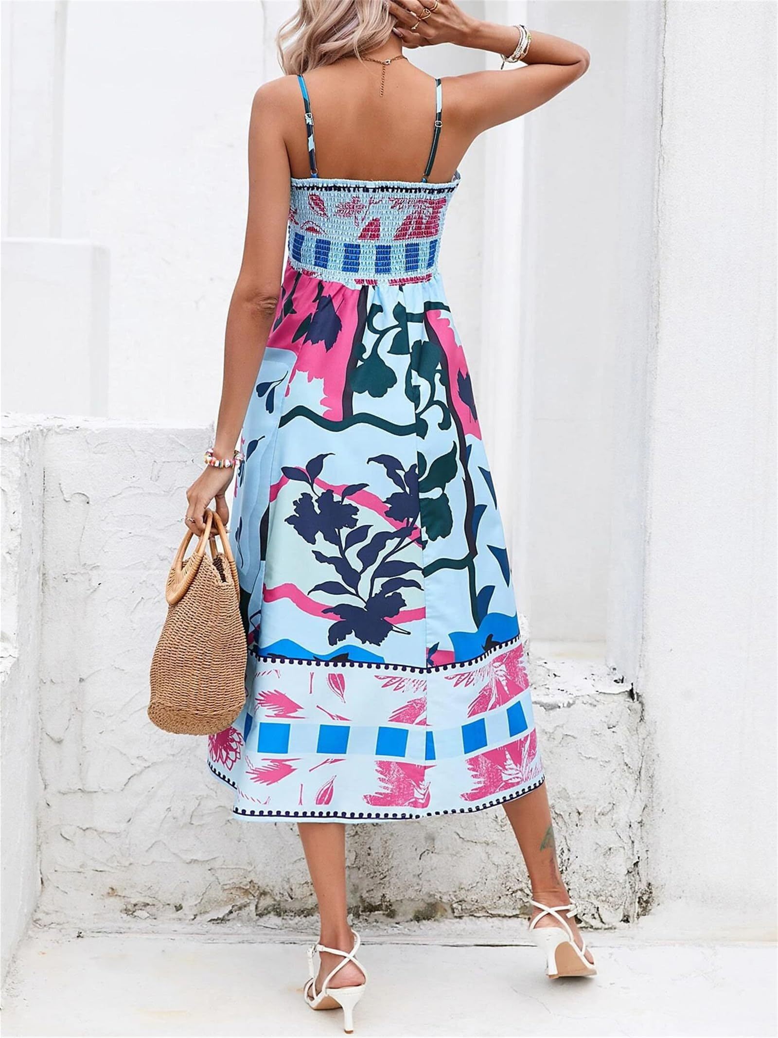 Women Boho Beach Spaghetti Strap Flowy Dress
