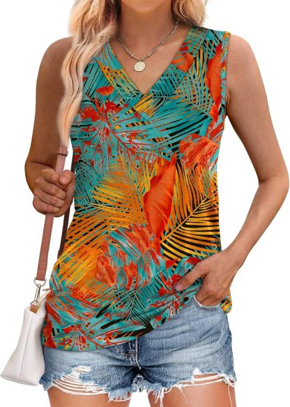 Women Summer Loose Fit V Neck T Shirts Trendy Sleeveless Basic Tank Tops