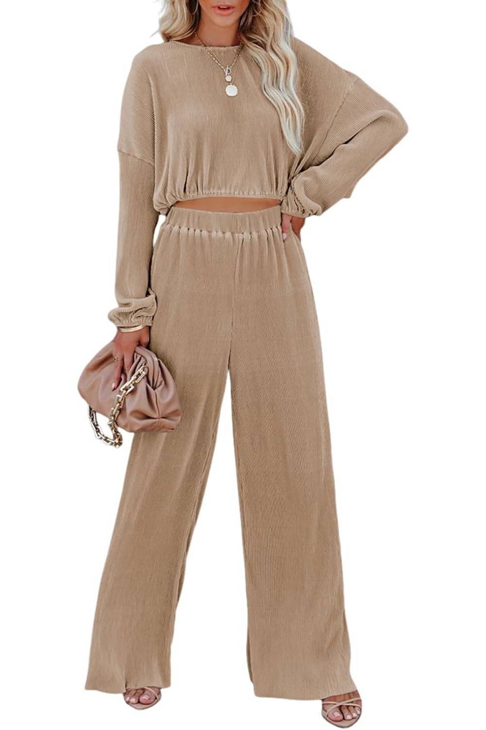  Women Crewneck Long Sleeve Crop Tops and Wide Leg Pants Sets