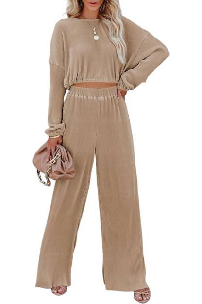  Women Crewneck Long Sleeve Crop Tops and Wide Leg Pants Sets