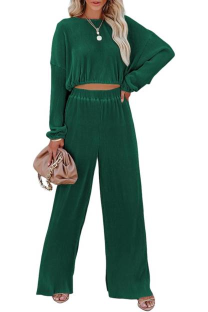  Women Crewneck Long Sleeve Crop Tops and Wide Leg Pants Sets