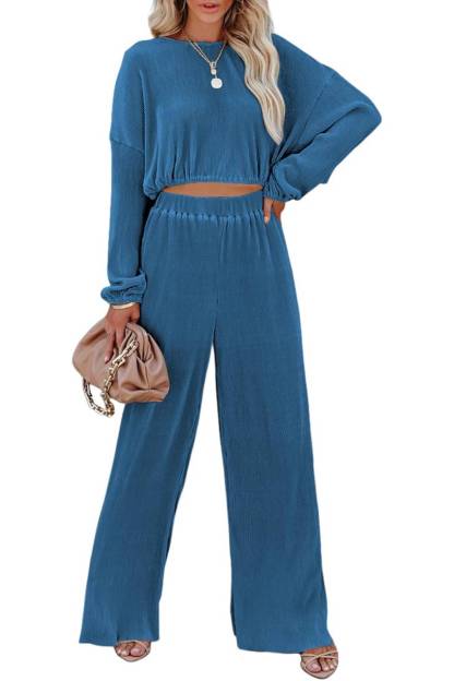  Women Crewneck Long Sleeve Crop Tops and Wide Leg Pants Sets