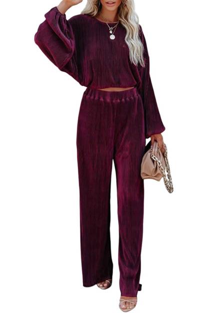  Women Crewneck Long Sleeve Crop Tops and Wide Leg Pants Sets