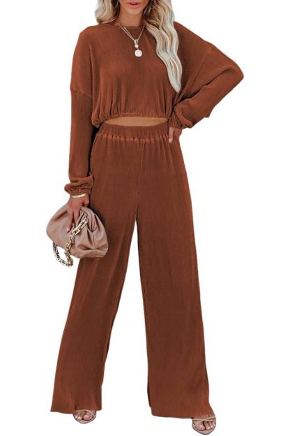  Women Crewneck Long Sleeve Crop Tops and Wide Leg Pants Sets
