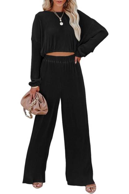  Women Crewneck Long Sleeve Crop Tops and Wide Leg Pants Sets