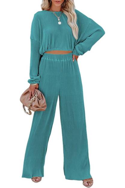  Women Crewneck Long Sleeve Crop Tops and Wide Leg Pants Sets