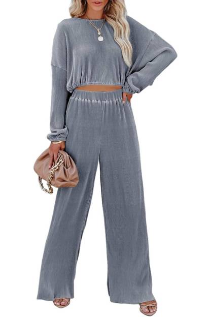  Women Crewneck Long Sleeve Crop Tops and Wide Leg Pants Sets