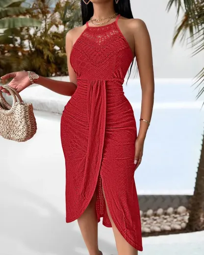 Halter Hollow-out A Line Sleeveless Front Slit Ruched Vacation Maxi Dress