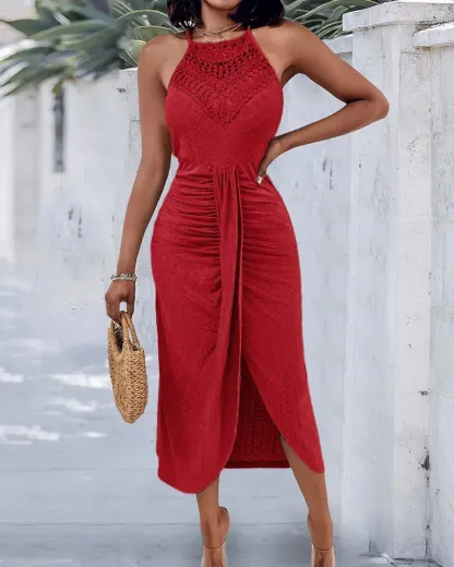 Halter Hollow-out A Line Sleeveless Front Slit Ruched Vacation Maxi Dress