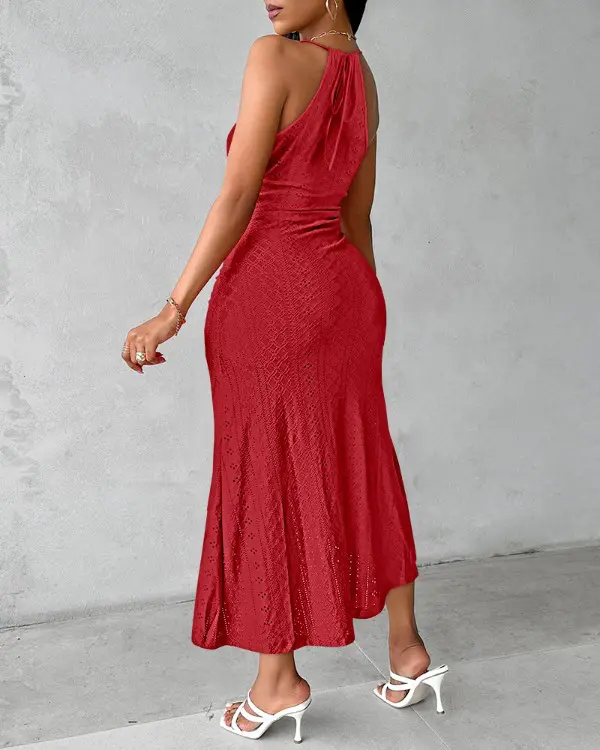 Halter Hollow-out A Line Sleeveless Front Slit Ruched Vacation Maxi Dress