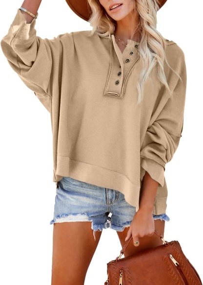 2024 Fashion Fall V Neck Button Down Long Sleeve Hooded Sweatshirts Tops