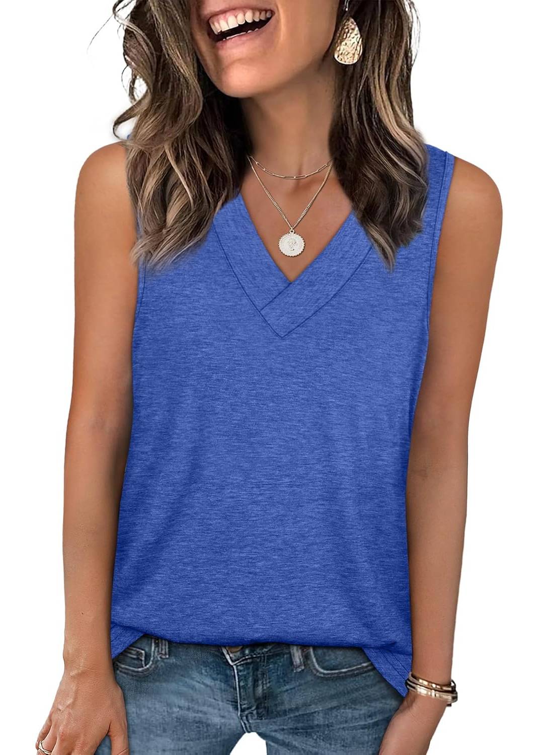 Women Summer Loose Fit V Neck T Shirts Trendy Sleeveless Basic Tank Tops (Buy 3 Free Shipping)