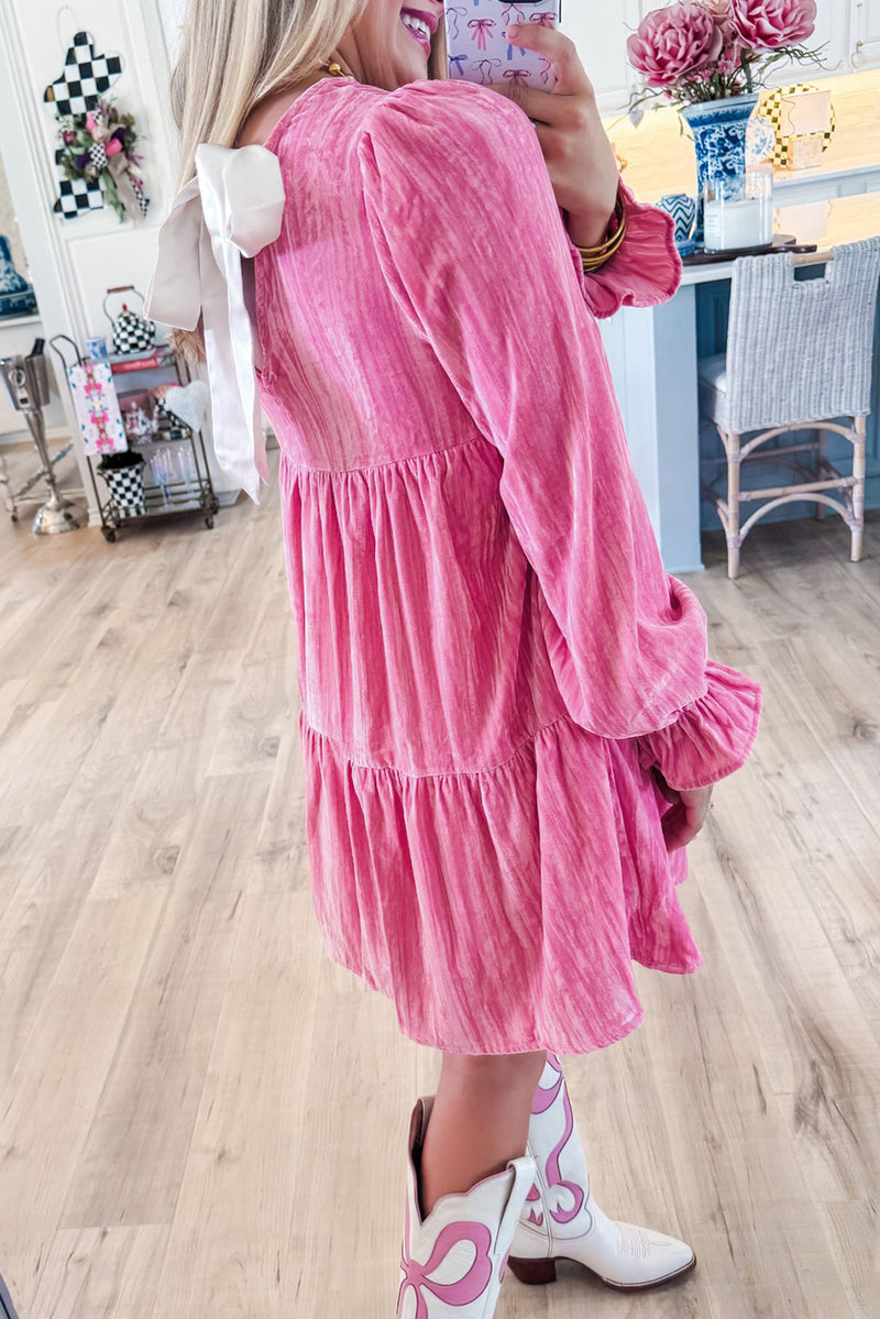 Strawberry Pink Flounce Sleeve Tiered Ruffled Velvet Mini Dress (Final Days: Big Savings!!!)