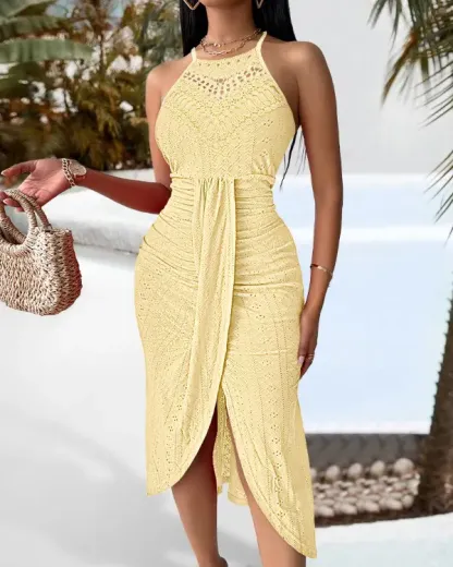 Halter Hollow-out A Line Sleeveless Front Slit Ruched Vacation Maxi Dress