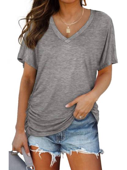 Womens Short Sleeve V Neck Dolman Tops with Side Shirring