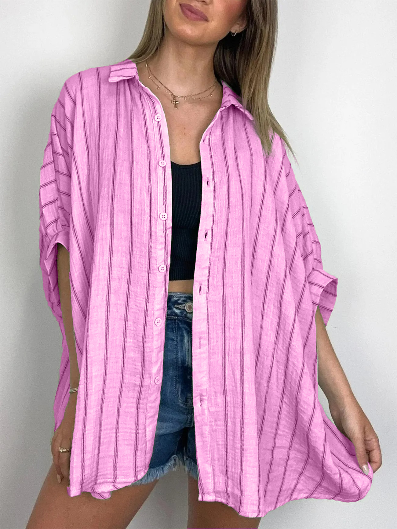 2024 Popular Oversized Striped Button Down Top Shirt jacket(50% OFF🔥)