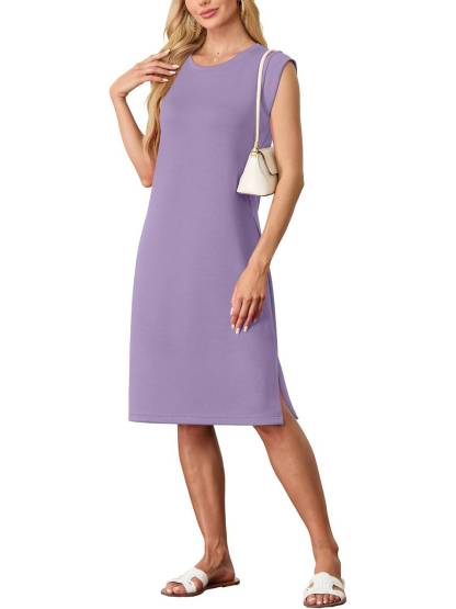 Women Round Neck Loose Split Wrinkle-Free Midi Dress with Pockets