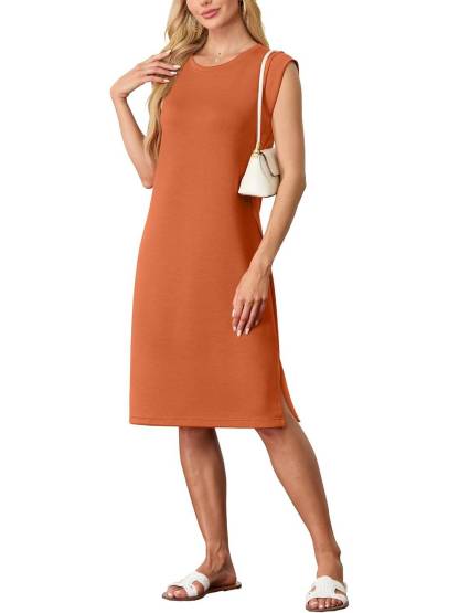 Women Round Neck Loose Split Wrinkle-Free Midi Dress with Pockets