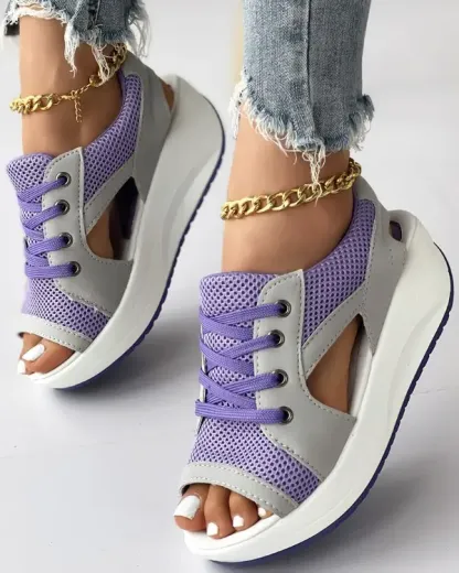 CONTRAST PANELED CUTOUT LACE-UP MUFFIN SANDALS