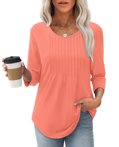 2025 New Women's 3/4 Length Sleeve Crewneck Casual Pleated Tunic Tops(buy 3 free shipping)
