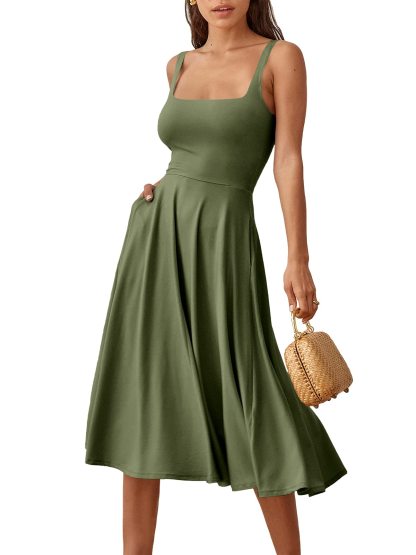 Summer Casual Square Neck Midi Dress Pockets