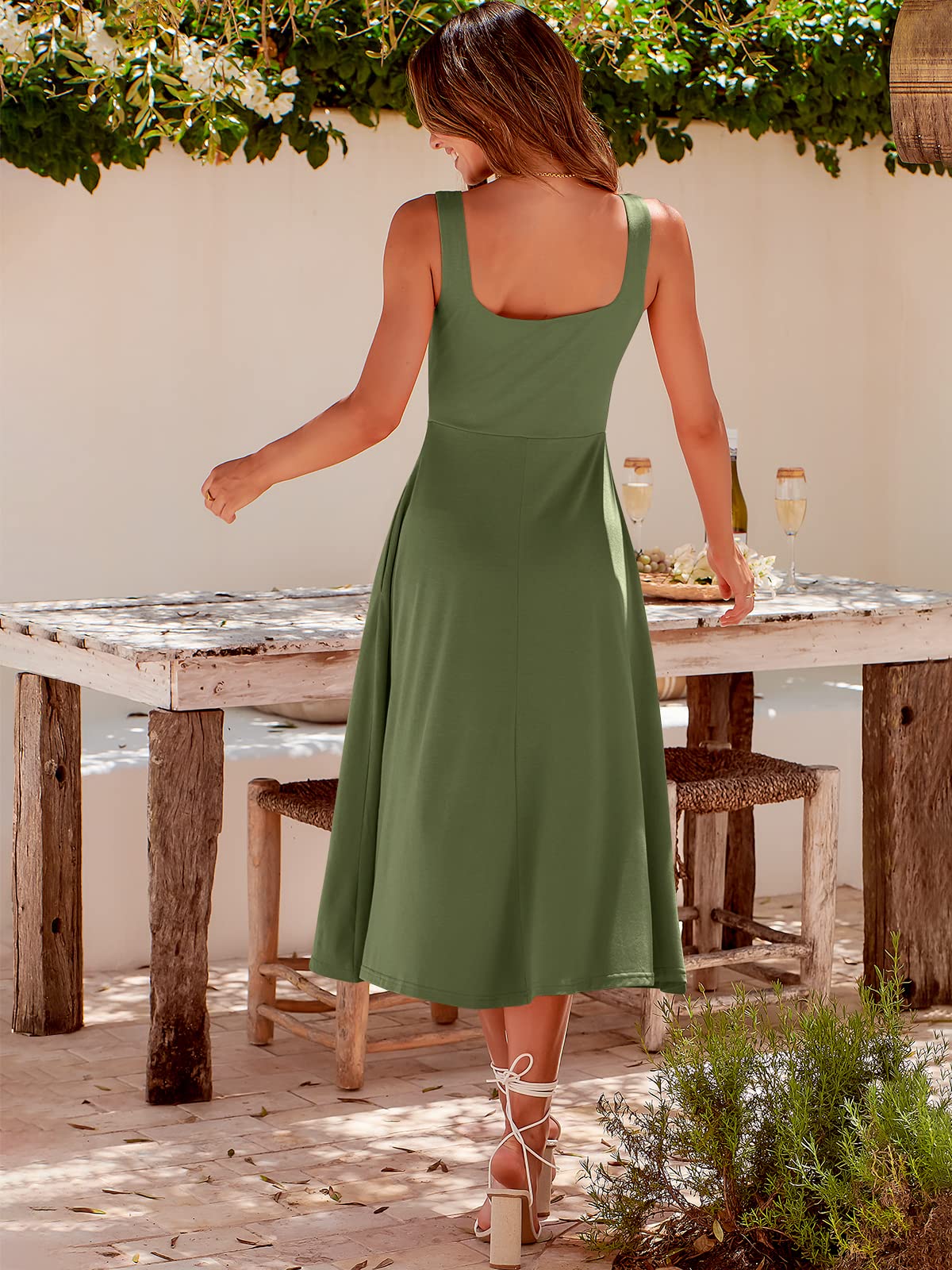Summer Casual Square Neck Midi Dress Pockets