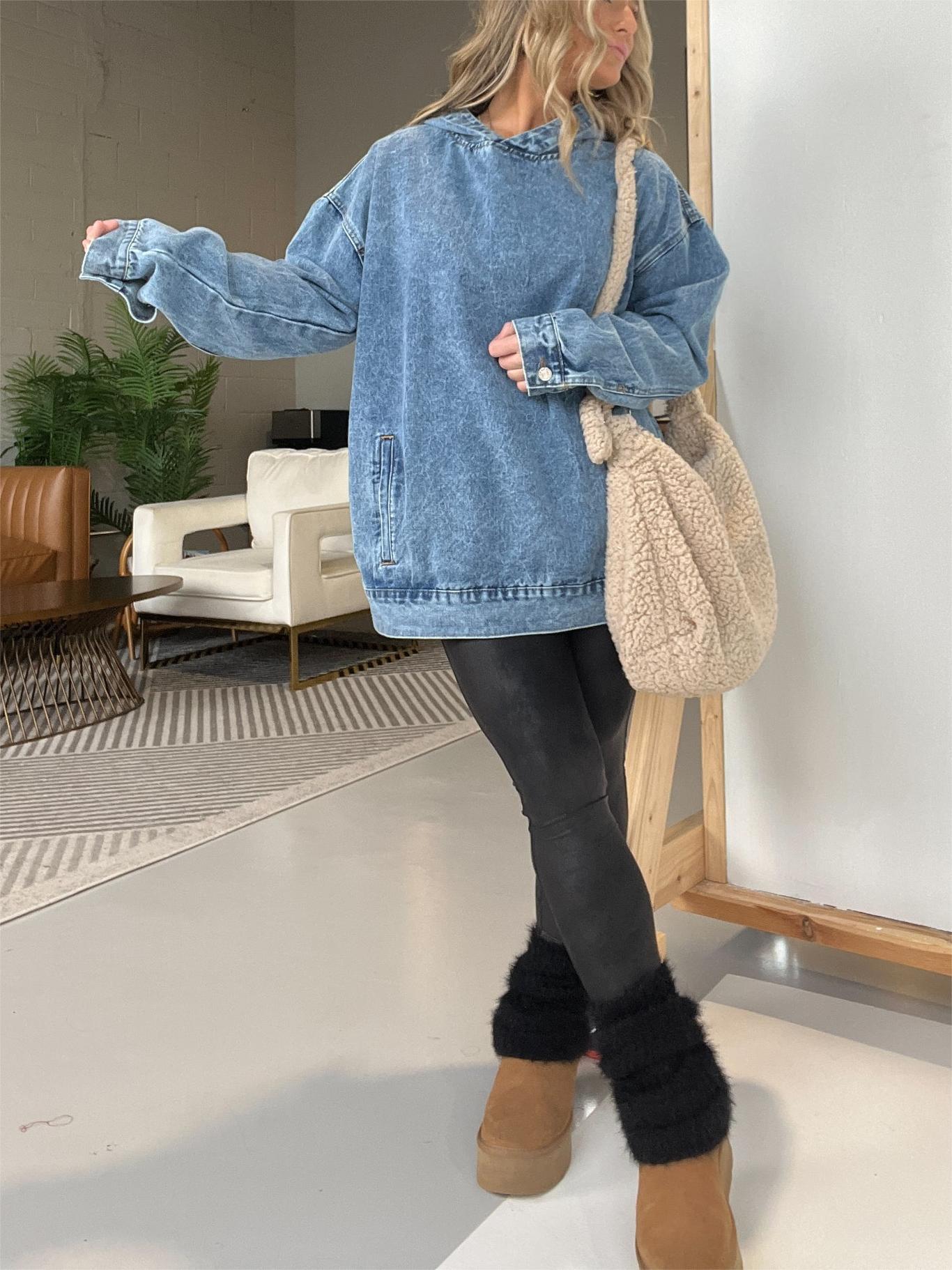 DENIM HOODED SWEATSHIRT WITH FRONT POCKETS (BUY 2 10% OFF)