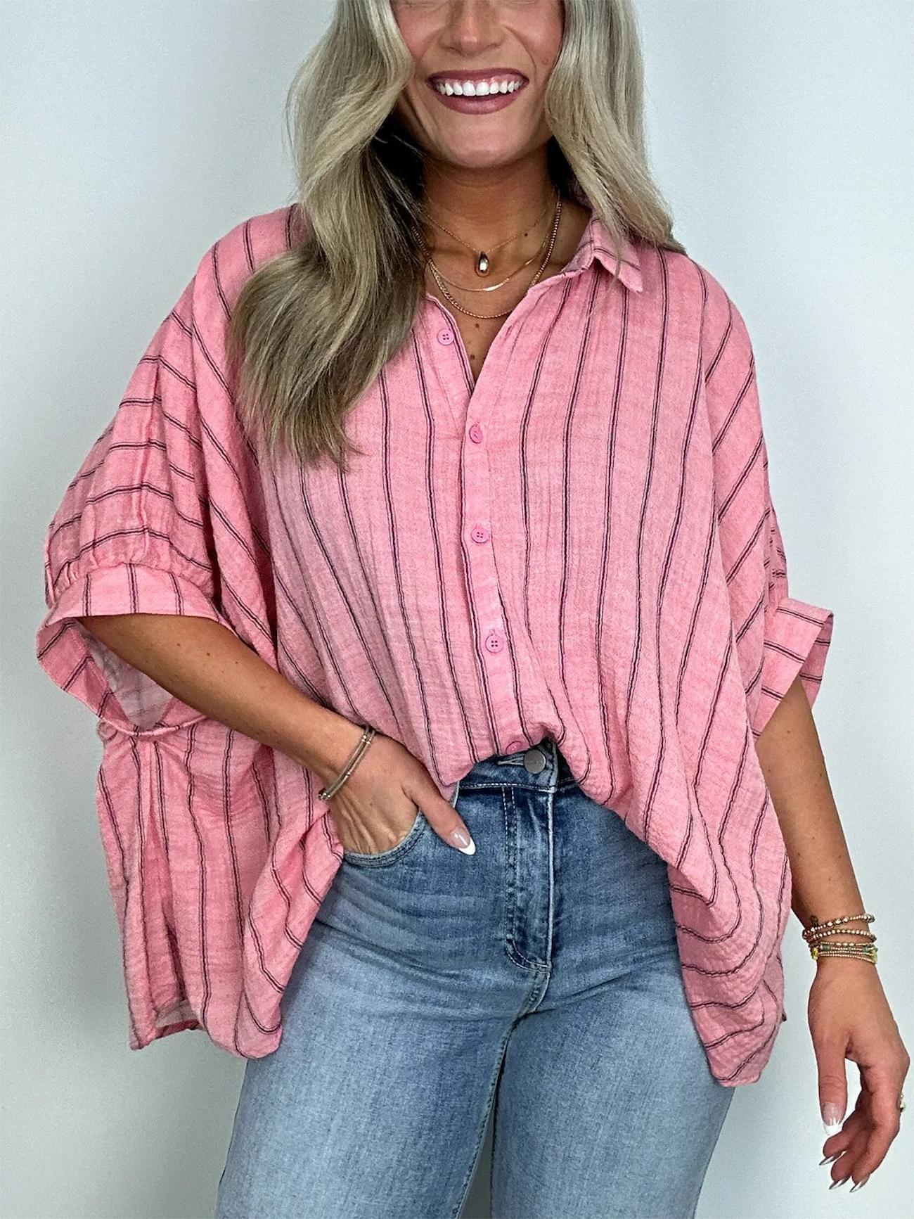 2024 Popular Oversized Striped Button Down Top Shirt jacket(50% OFF🔥)